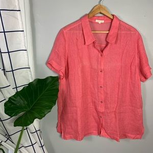 Eileen Fisher Pink Front Button Linen Short Sleeve